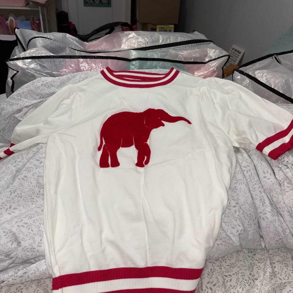White and Red Elephant Embroidered Women's Blouse